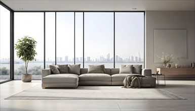 Render of a minimalist living room with clean lines and neutral tones, featuring a modern grey