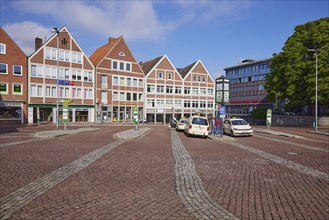 Horse market with bus stops, taxi rank, Commerzbank and Subway branch in Stade, Hanseatic city,