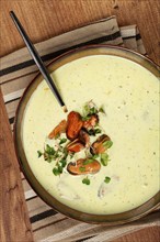 Creamy soup with mussels, mussels without shells, American cuisine, homemade, no people