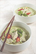 Green curry with chicken, traditional Thai cuisine, Asian food, homemade, no people