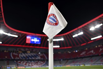 Night shot, corner flag with logo FC Bayern Munich FCB, Champions League, Allianz Arena, Munich,