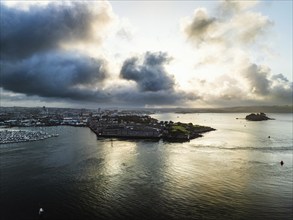 Sunrise over Plymouth and River Tamar from a drone, Devon, England, United Kingdom, Europe