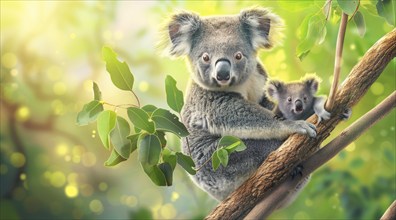 Australia, Cute Koala bear with a joey cub sitting on a tree in natural habitat., AI generated,