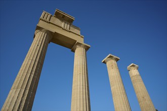 Super wide angle shot, Acropolis of Lindos, morning light, Temple of Athena Lindia, Lindos, Rhodes,