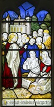 Detail of stained glass window Resurrection by Burlison & Grylls c 1880, Kelsale church, Suffolk,