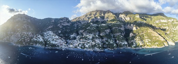 Panorama of Positano from a drone, Amalfi Coast, Italy, Europe