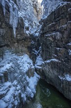 Winter, snowy landscape, icicles, hiking trail through the Breitachklamm gorge near Oberstdorf,