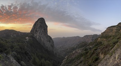 Roque de Agando rock tower at sunrise, Monumento Natural de los Roques, La Gomera, Canary Islands,