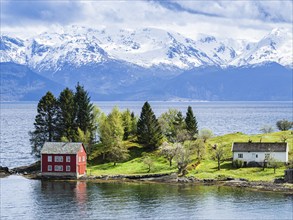 Typical red house on an island in the Hardangerfjord, near Strandebarm, Hordaland, Norway, Europe