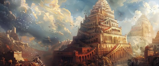 Illustration of Babylon tower in bible, a concept of evil task against god will, AI generated