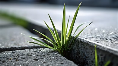 A single blade of grass pushing through a crack in a concrete sidewalk, representing the simplicity