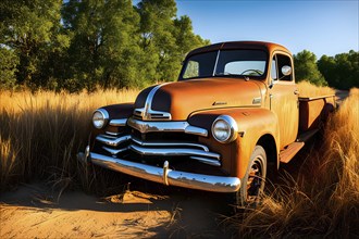 Rusted 1950s pick up truck parked on a lonely dirt road, with a sun-faded paint job and tall grass