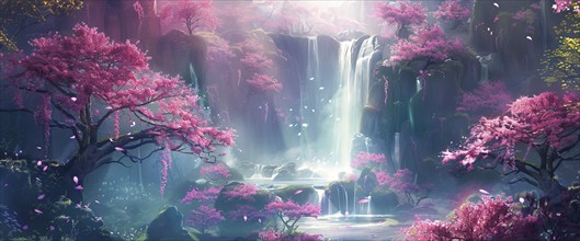 Paradise land full of flowers, scenic nature and waterfalls, AI generated