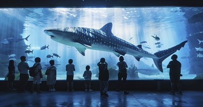 People enjoy marine underwater life in aquarium. Sharks whales Manta Rays and dolphins, AI