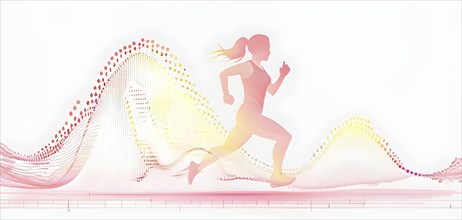 Illustration of a wave of data points shaping into a female runner silhouette, red and yellow