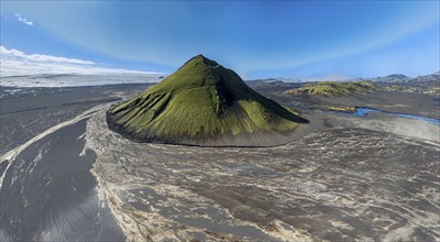 Aerial view, Mælifell mountain covered with moss, Maelifell, black sand desert Mælifellssandur,