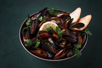 Fresh, Boiled mussels, Black Sea, with parsley and lemon, no people, top view