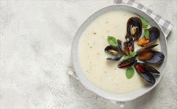 Chowder cream soup with mussels, American cuisine, homemade, no people