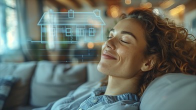 Smiling young woman daydreaming on her couch visualizing a new house. generative AI., AI generated