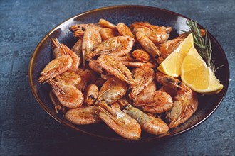 Fried shrimp, with shell and head, unpeeled, size 70-90, on a blue background, homemade, no people