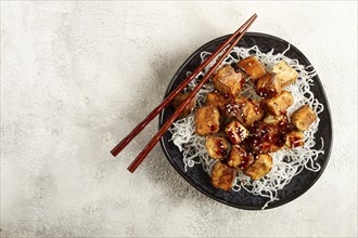 Fried eggplant, with funchosa noodles, with teriyaki sauce and sesame seeds, homemade, no people