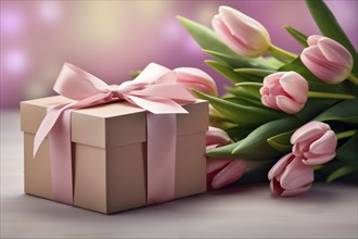 Gift Box with Pink Ribbon Beside bouquet of Fresh Tulips on Bokeh Background. Good for Valentine