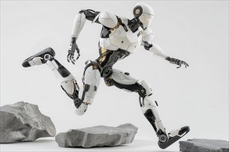 Futuristic humanoid cyborg running and jumping over rocks in front of a white background, AI