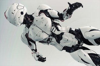 Futuristic humanoid cyborg jumping in front of a white background, AI generated