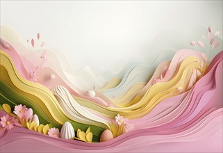 Easter-themed abstract landscape with fluid, flowing lines representing hills, flowers, and hidden