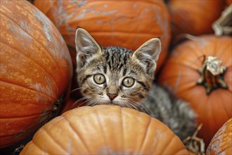 Young cat between large orange pumpkins. Generative Ai, AI generated