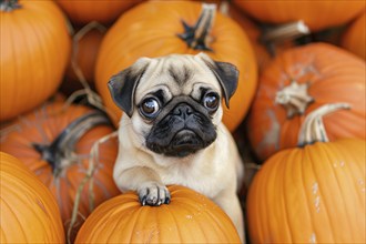 Young pug dog between large orange pumpkins in pumpkin patch. Generative Ai, AI generated