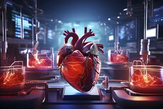 Human heart enmeshed in a delicate network of cells and arteries, AI generated