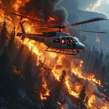 Firefighter helicopter combating forest fire dispersing water over the inferno, AI generated