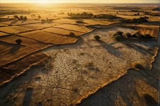 Desolate agricultural farmland with dried crops in sunrise, AI generated