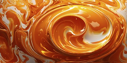 Digital art illustration of a liquid whirlpool swirling with orange and silver tones, AI generated