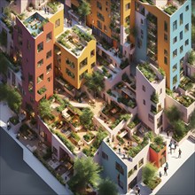 3d render of a compact community of interconnected artists studios in co living, AI generated