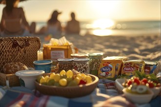 Picnic scene with healthy food and snacks on a sunny sandy beach, AI generated