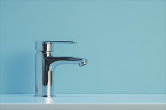 Water faucet tap on blue studio background. KI generiert, generiert, AI generated