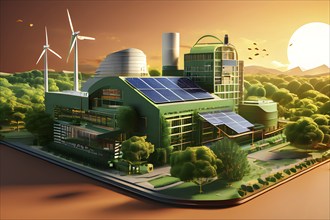 Concept model of green factory engaged in the act of green washing, AI generated