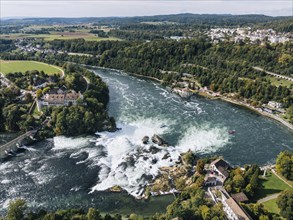 Aerial view of the Rhine Falls in autumn, Neuhausen, Canton Schaffhausen, Switzerland, Europe