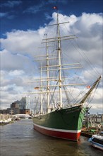 St. Pauli Landungsbrücken with sailing ship and Elbe, Elbe Philharmonic Hall in the background,