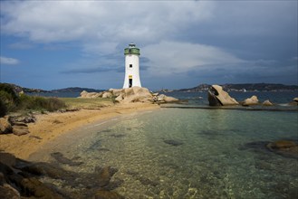 Lighthouse with beach and bizarre granite rocks, Spiaggia Porto Faro, Faro di Punta Palau, Palau,