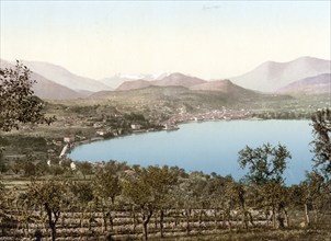 Lake Lugano, view of the lake, the city and the Alps, taken from Paradiso, Ticino, Switzerland,