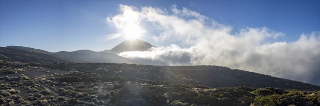 Panorama from east at sunset over the Teide National Park, Parque Nacional del Teide, to Pico del