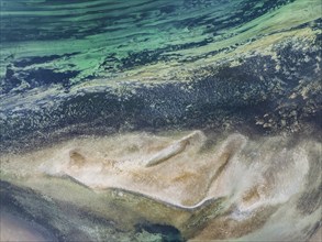 Aerial photograph, top down view of a sandbank and current lines in the riverbed of the Rhine, Lake