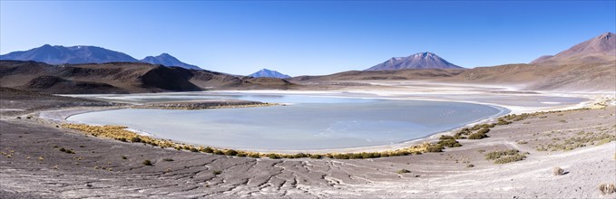 Panorama of Laguna Honda, lined with a few bushes, lagoon route, San Pedro de Quemes, Departamento