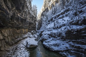 Winter, snowy landscape, river Breitach and hiking trail through the Breitachklamm gorge near