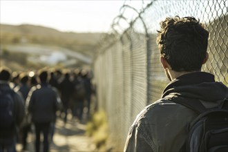 Male immigrants at border with fence. Generative AI, AI generated