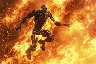 Futuristic humanoid robot running and jumping through an apocalyptic fire, AI generated