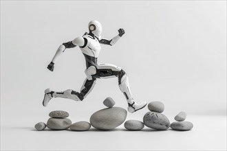 Futuristic humanoid cyborg running and jumping over rocks in front of a white background, AI